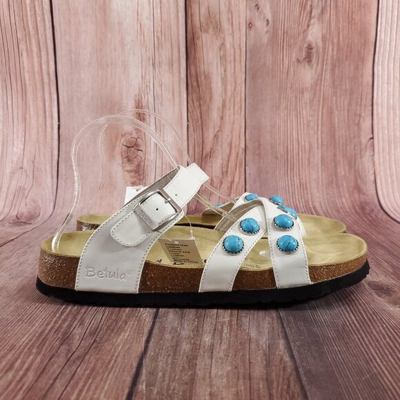*READ* Birkenstock Betula Womens Size 10 White Turquoise Stones Sandals Rare - Picture 5 of 15